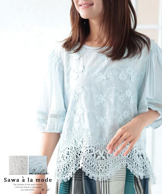 波打つ花レースが美しいコットンシャツブラウス