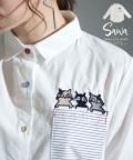 レディース 大人 モード 愛らしい3匹の猫刺繍コットンシャツ