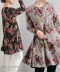 レディース 大人 上品 シックな花が舞い踊るフレアチュニック